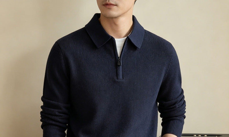 Half-Zip Knit Polo Sweater, Fine Rib – Men – Navy – worn