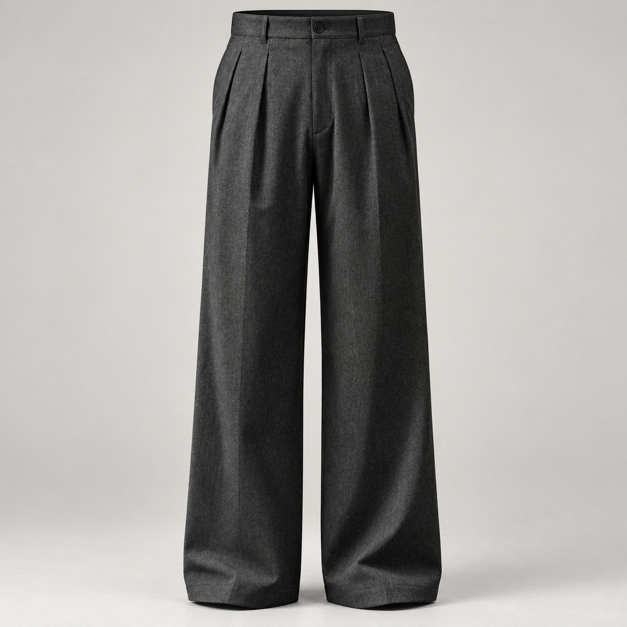 High-Waist Double-Pleat Wide Trousers, 1930s Cut – Men – Charcoal – worn, full length