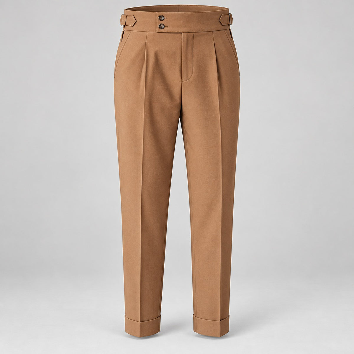 High-Waist Pleated Trousers, Double-Button Waist – Men – Camel – front full length