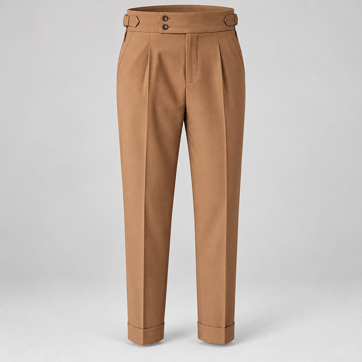 High-Waist Pleated Trousers, Double-Button Waist – Men – Camel – front full length