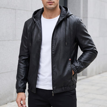 Hooded Leather-Look Jacket – Men – Black – worn