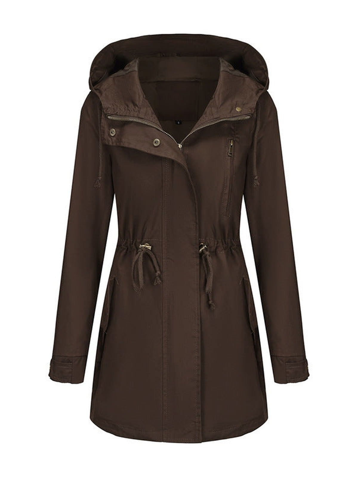 95% Polyester Hooded Parka, Drawstring Waist – Women – Chocolate – front