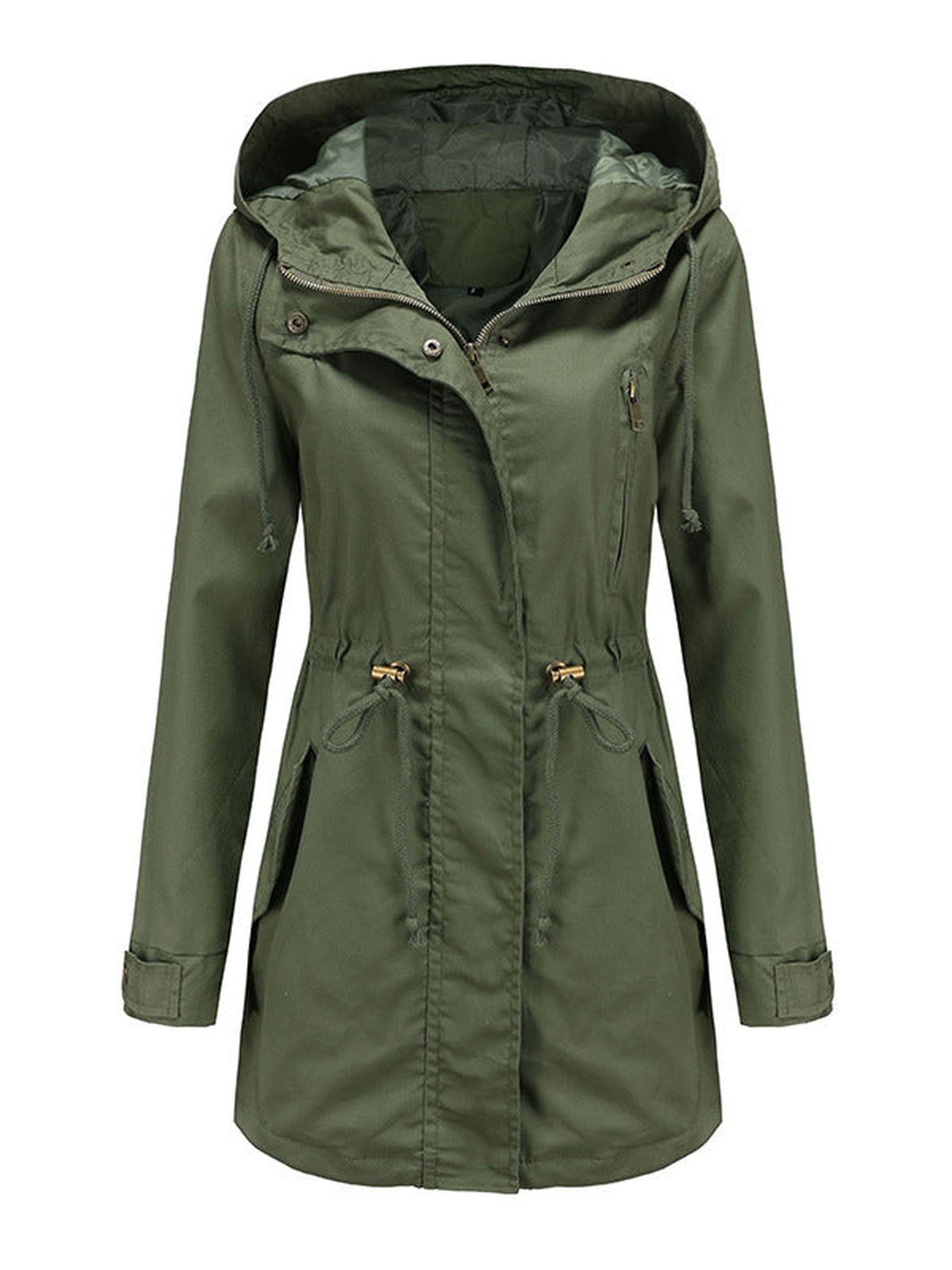 95% Polyester Hooded Parka, Drawstring Waist – Women – Olive – front