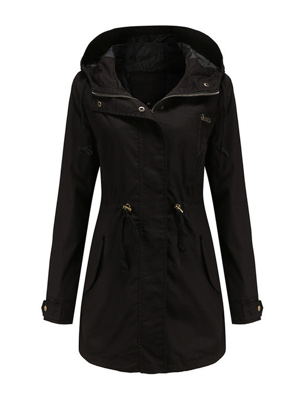 95% Polyester Hooded Parka, Drawstring Waist – Women – Black – front