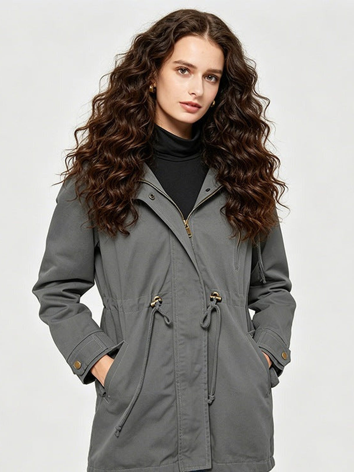 95% Polyester Hooded Parka, Drawstring Waist – Women – Grey – worn