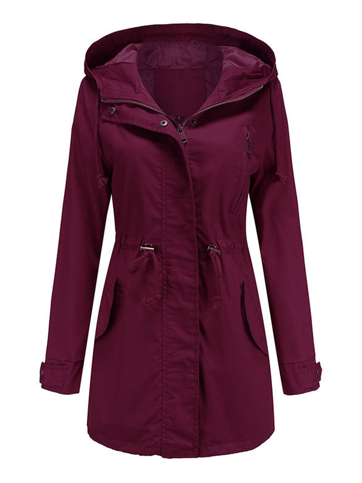 95% Polyester Hooded Parka, Drawstring Waist – Women – Burgundy – front