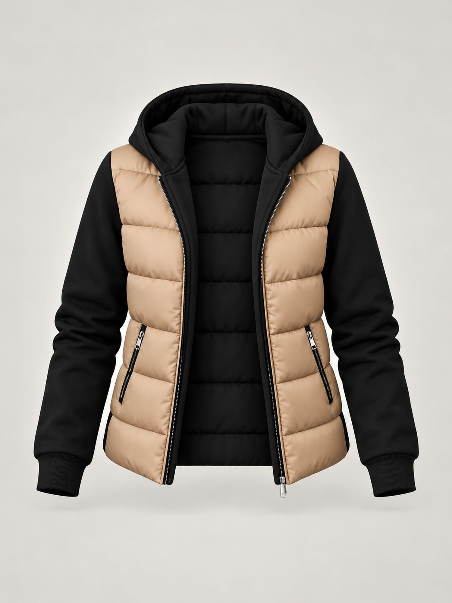 100% Polyester Hooded Puffer Jacket, Knit Sleeves – Women – studio