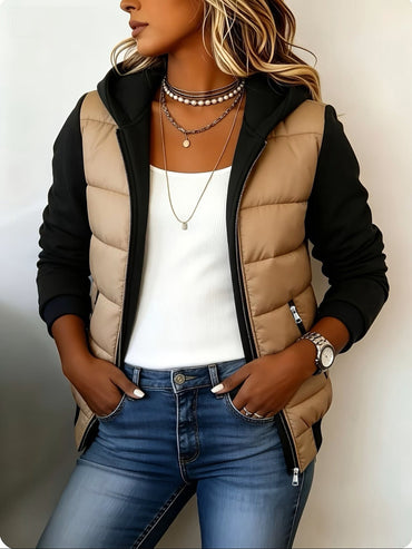 100% Polyester Hooded Puffer Jacket, Knit Sleeves – Women – Beige – worn