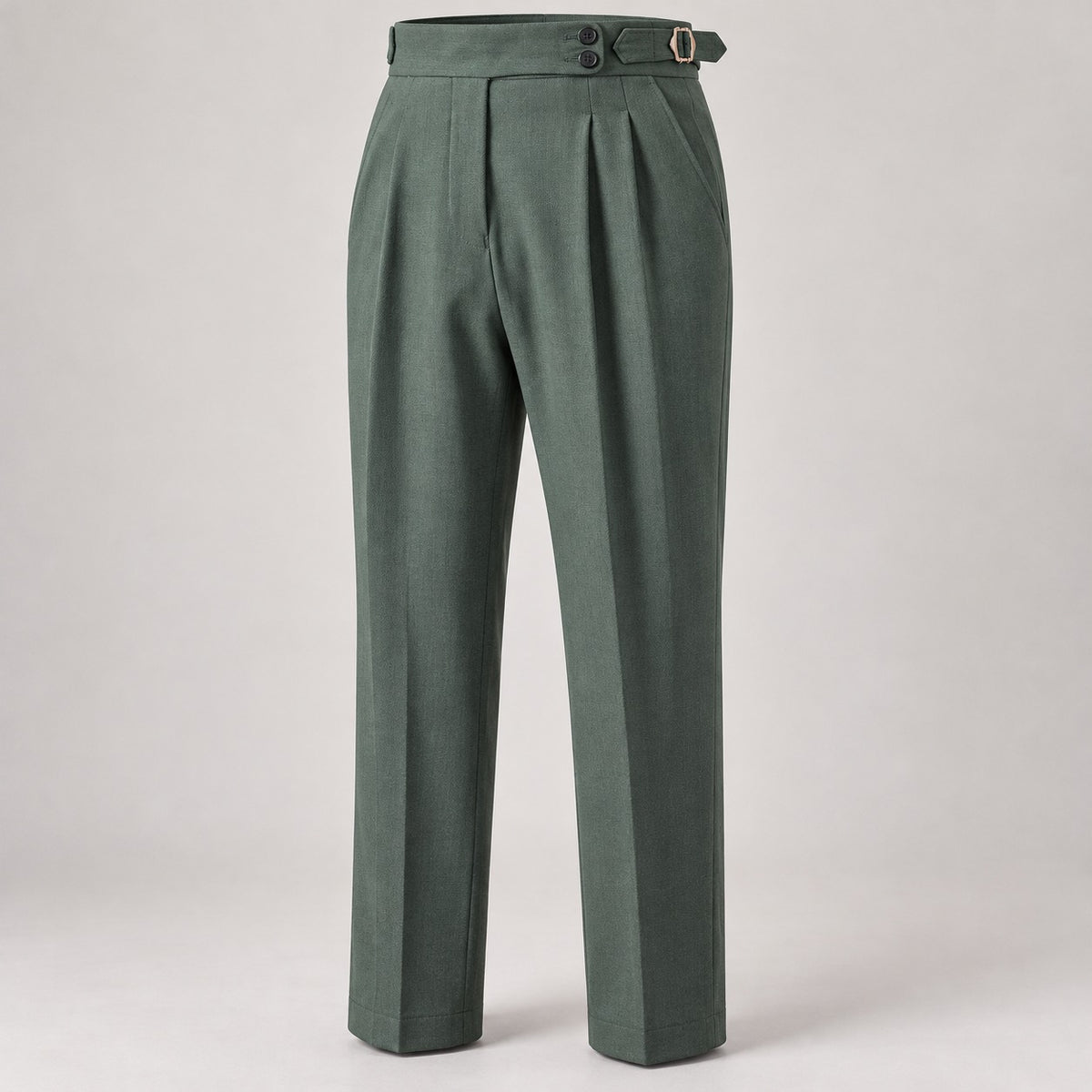High-Waist Pleated Trousers, Side Buckles & Paris Tab – Men – Forest Green – front