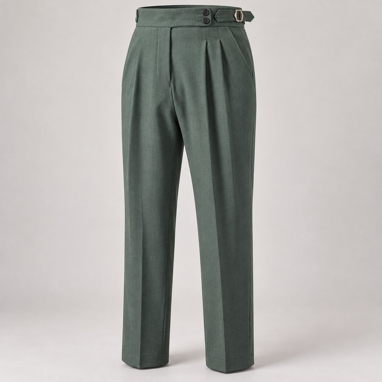 High-Waist Pleated Trousers, Side Buckles & Paris Tab – Men – Forest Green – front