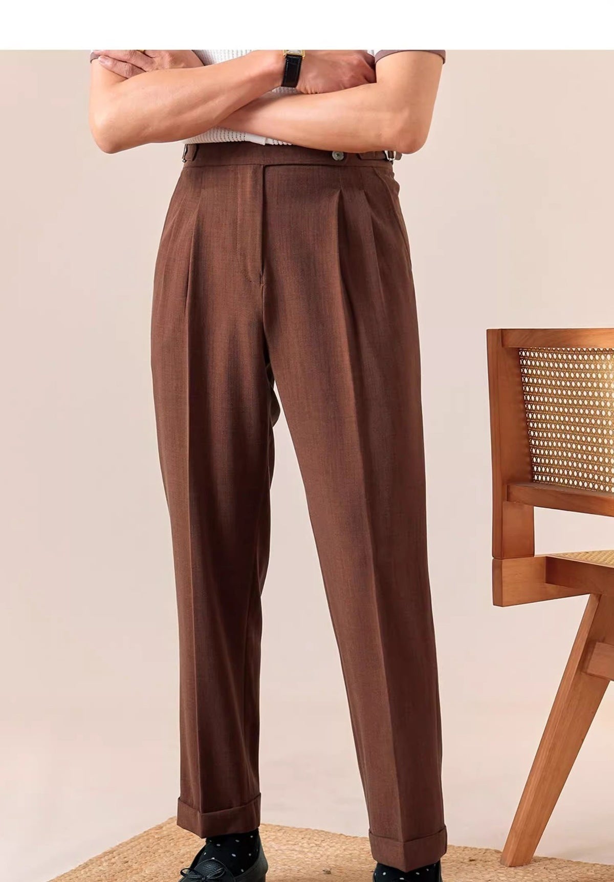 High-Waist Pleated Trousers, Side Buckles & Paris Tab – Men – Brown – worn, full length
