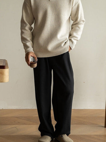 7-Gauge Knit Polo Sweater, Open Collar – Men – Cream – worn, full length