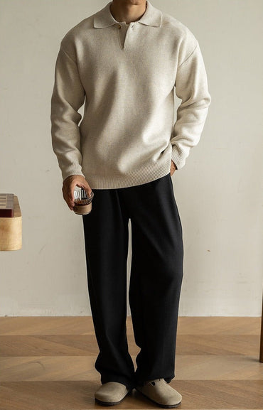 7-Gauge Knit Polo Sweater, Open Collar – Men – Cream – worn, full length