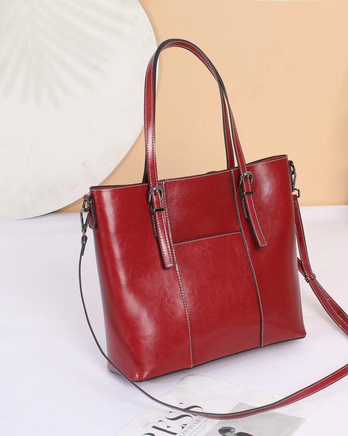 Genuine Leather Tote Bag – Women – Burgundy – front