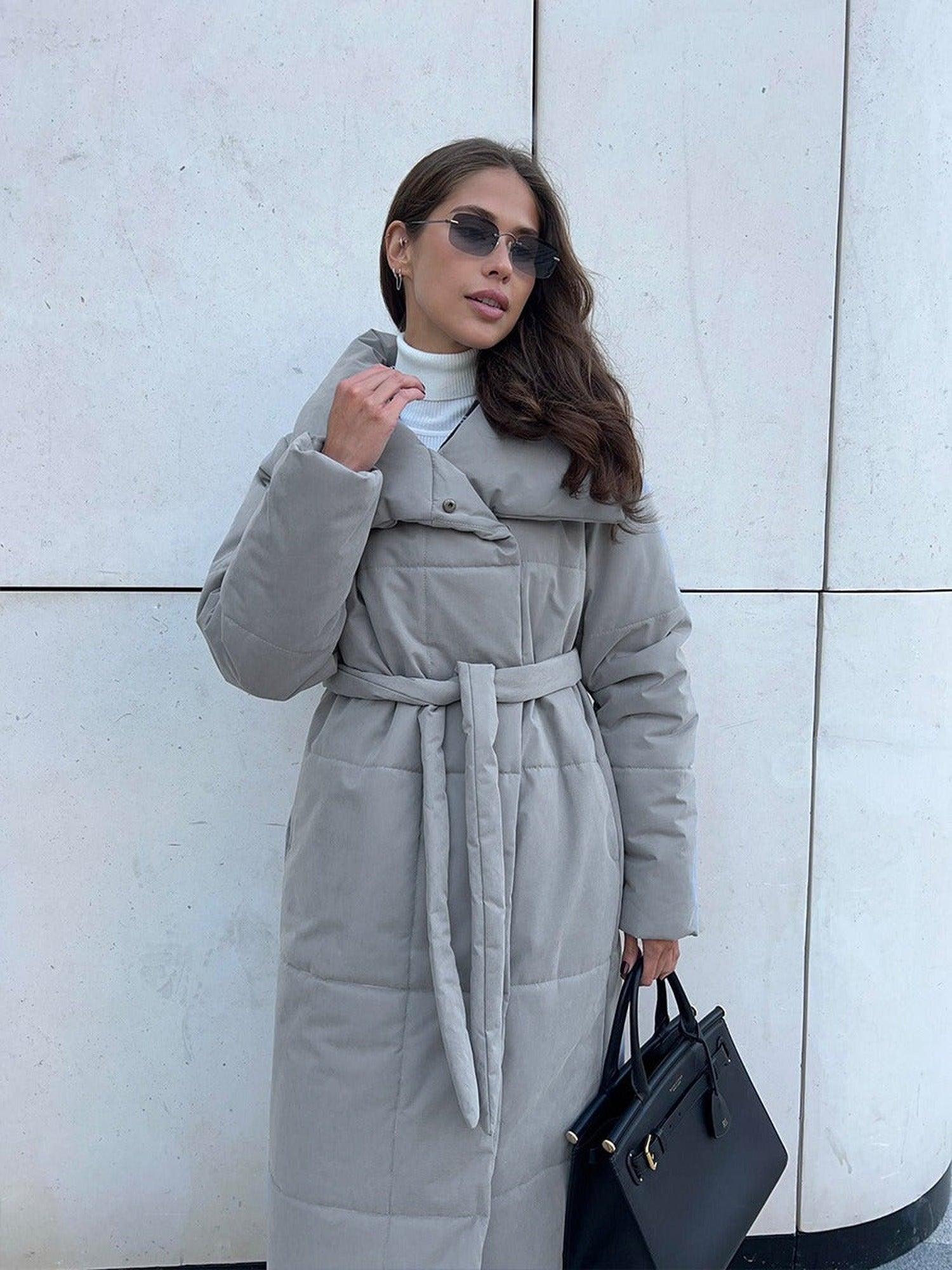 100% Polyester Long Belted Puffer Coat, Funnel Collar – Women – Grey – worn