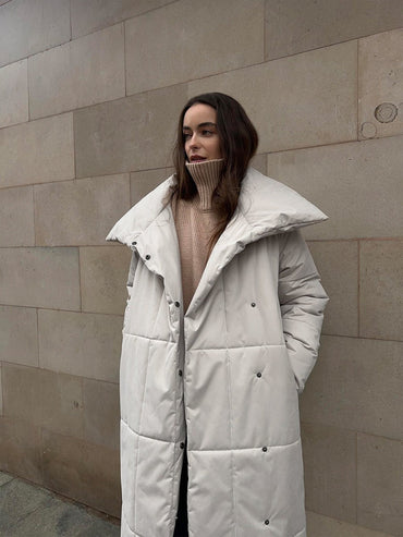 100% Polyester Long Belted Puffer Coat, Funnel Collar – Women – Cream – worn