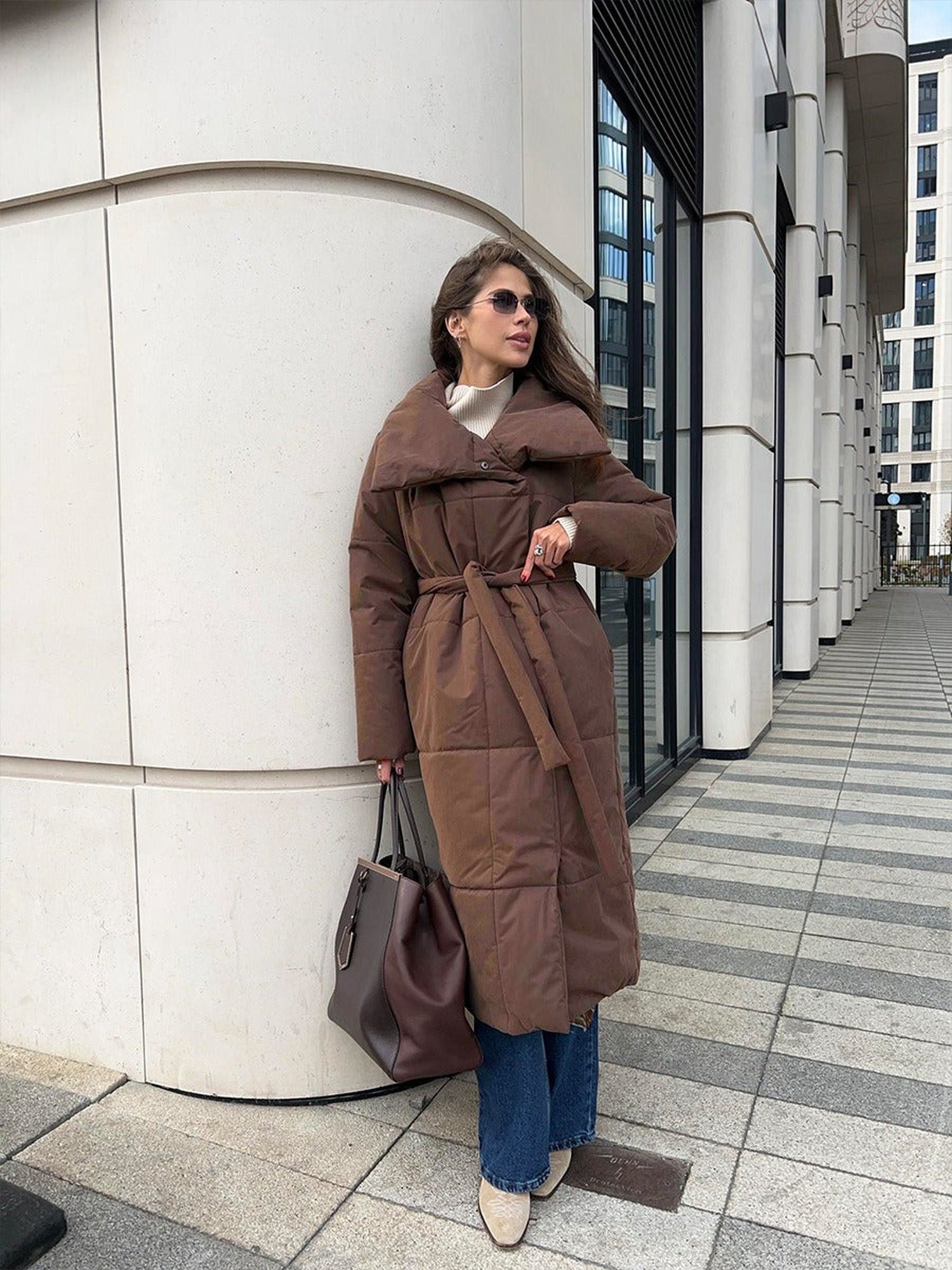 100% Polyester Long Belted Puffer Coat, Funnel Collar – Women – Brown – worn
