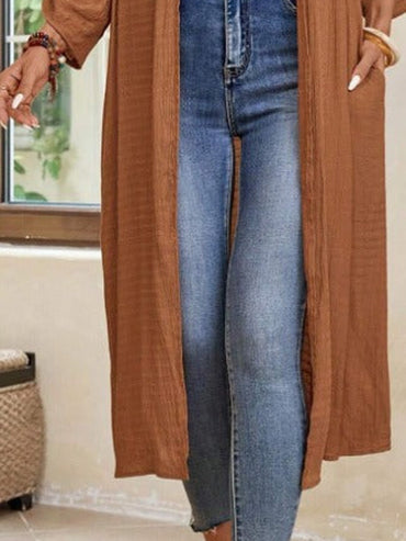 65% Viscose Long Open Kimono Duster – Women – Brown – worn