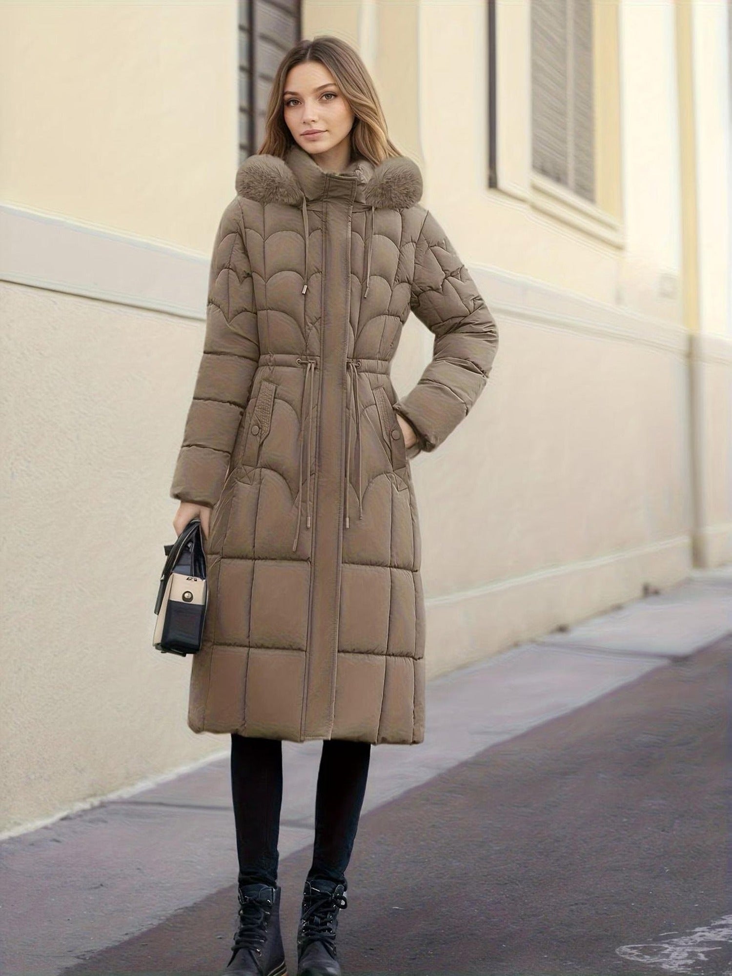 100% Polyester Long Puffer Coat, Faux-Fur Hood – Women – Stone – worn