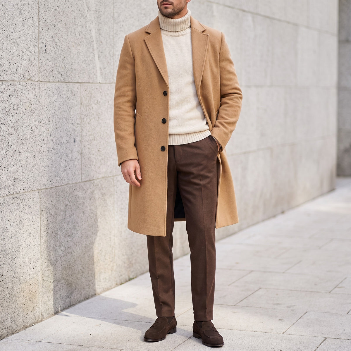 Long Single-Breasted Overcoat – Men – Camel – worn