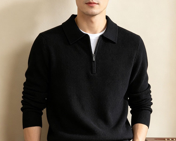 Quarter-Zip Knit Polo Sweater – Men – Black – worn, front