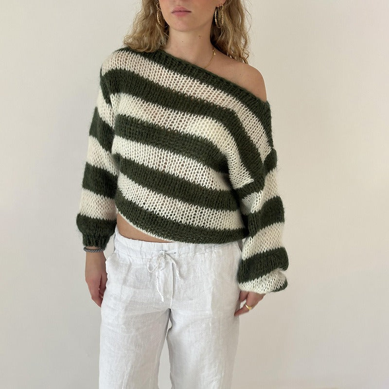 Striped Chunky Knit Off-Shoulder Sweater – Women – Olive – worn, front