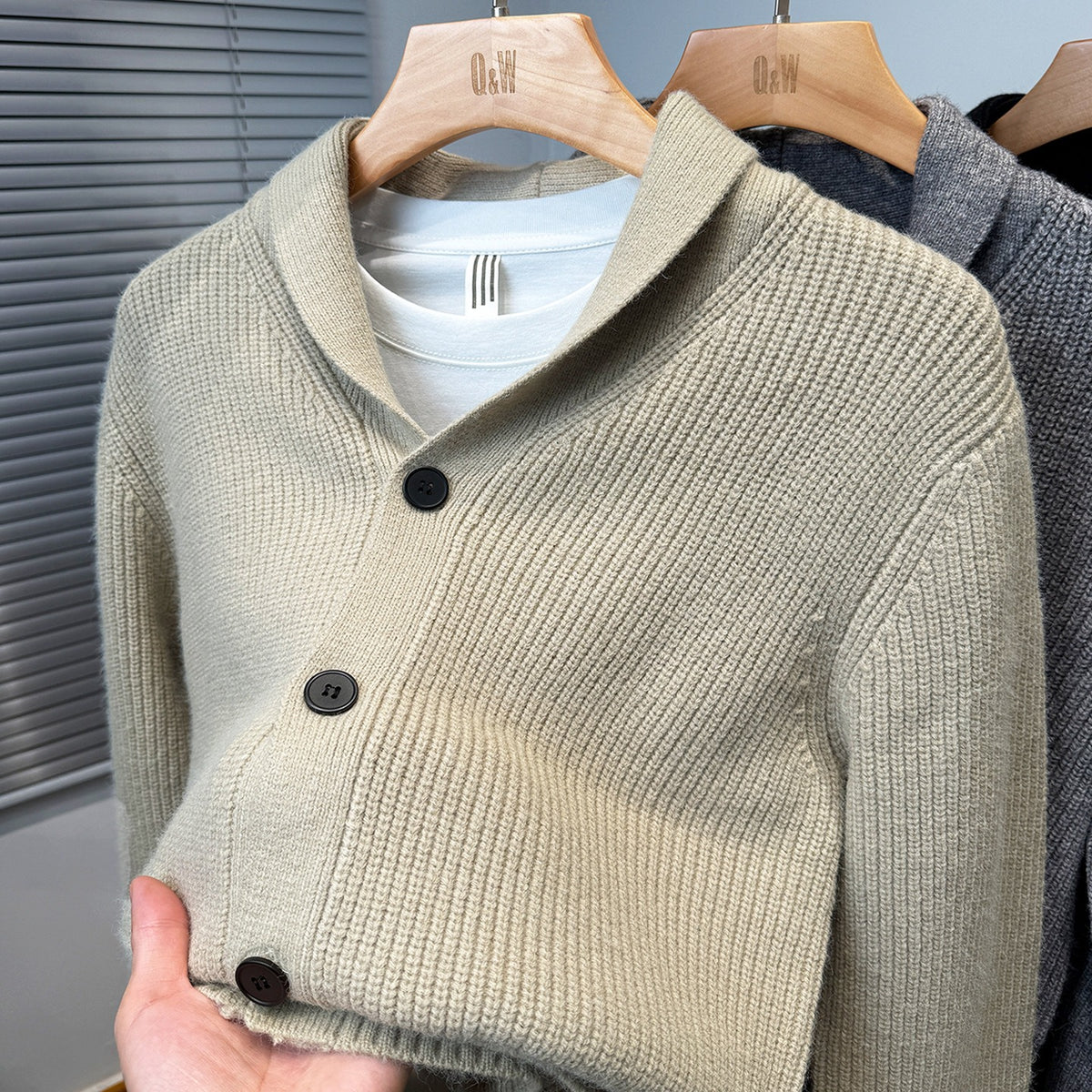 Shawl-Collar Ribbed Knit Cardigan – Men – Stone – front, close