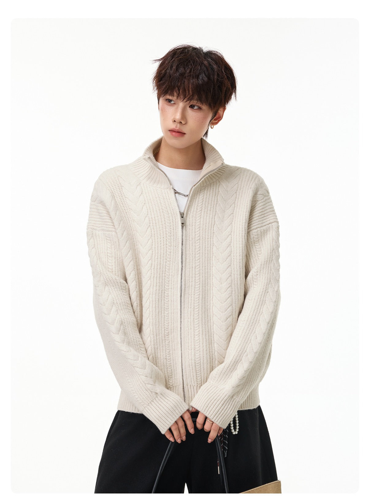 Cable Knit Zip Cardigan, Stand Collar, Relaxed Fit – Men – Cream – worn, front