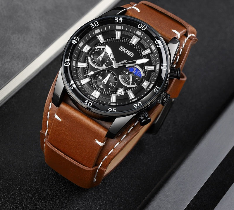 Chronograph Watch with Leather Cuff Strap – Men – Black · Black Dial · Brown Cuff – lifestyle