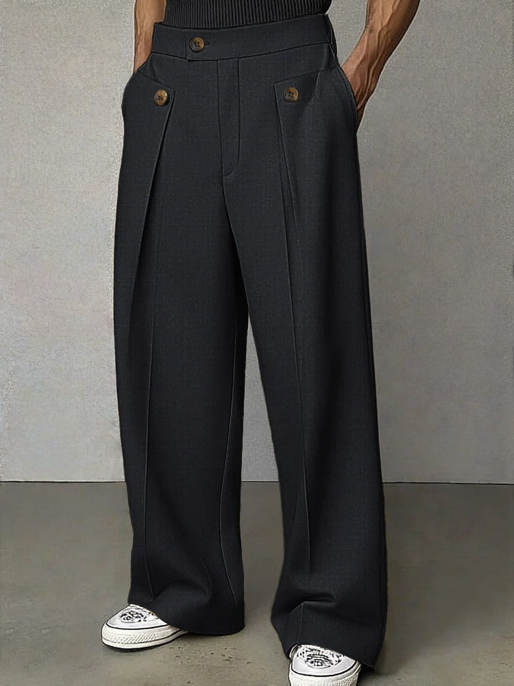 Wide-Leg Pleated Trousers, Button Flap Front – Men – Black – worn, front