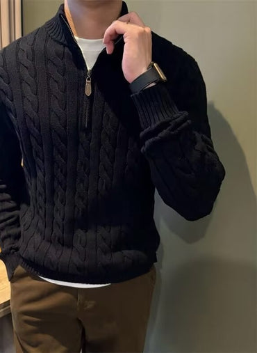 Cable Knit Quarter-Zip Sweater, Stand Collar – Men – Black – worn