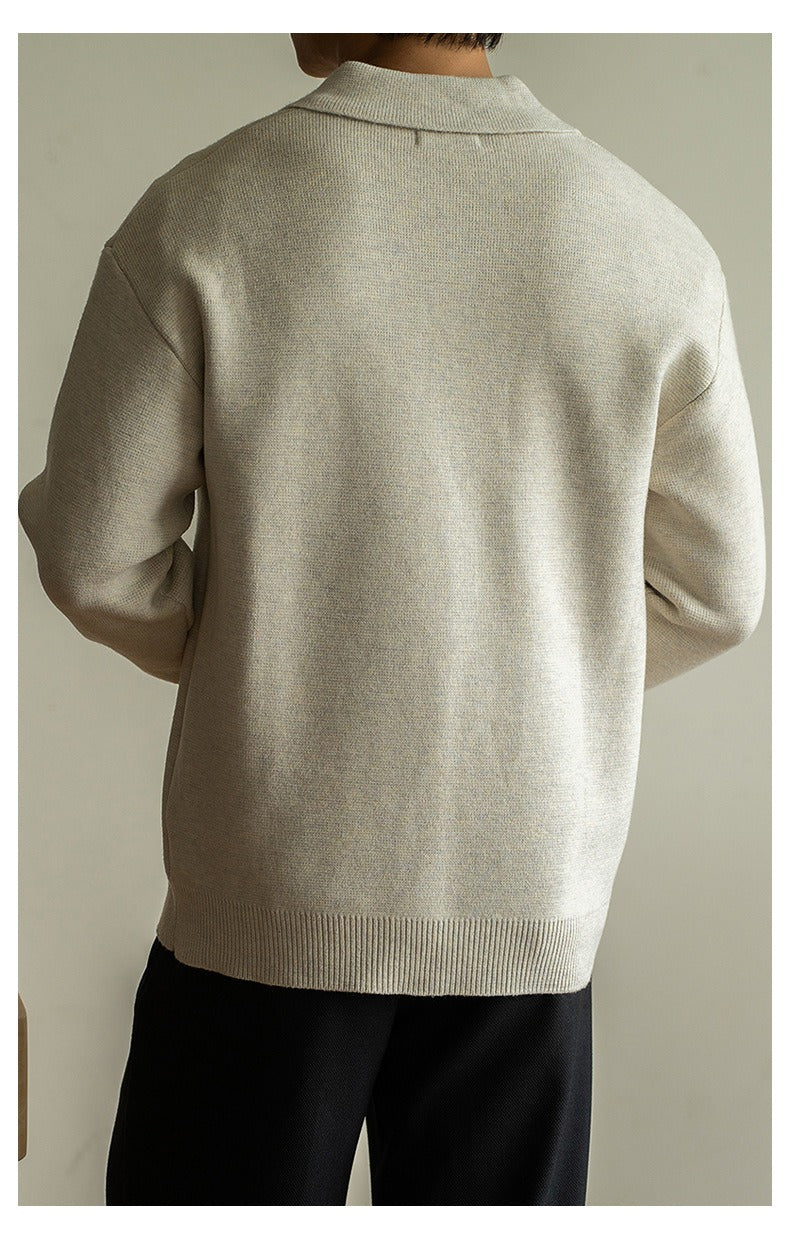 7-Gauge Knit Polo Sweater, Open Collar – Men – Cream – back