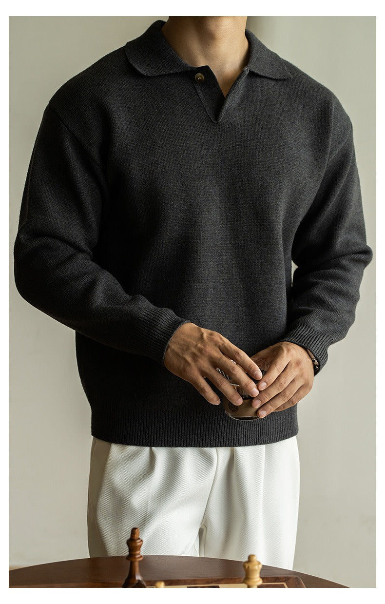 7-Gauge Knit Polo Sweater, Open Collar – Men – Charcoal – worn