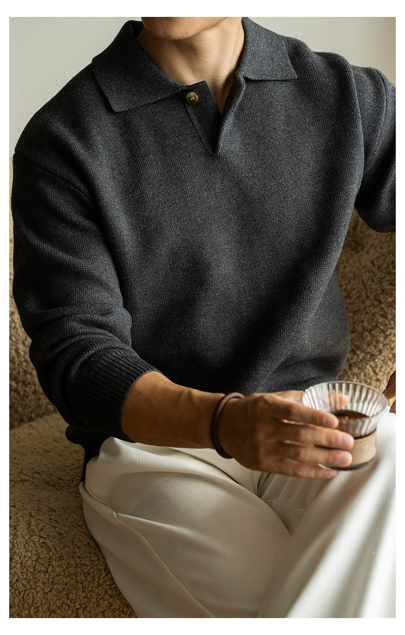 7-Gauge Knit Polo Sweater, Open Collar – Men – Charcoal – worn, seated