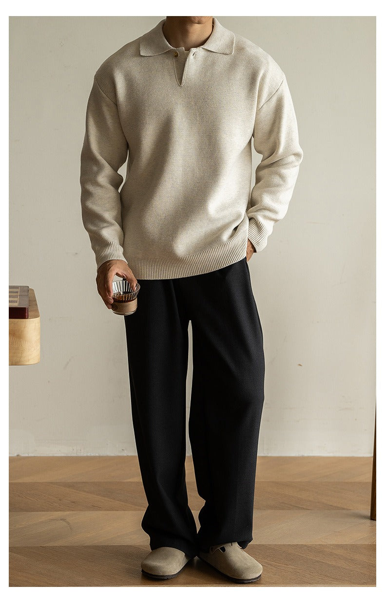 7-Gauge Knit Polo Sweater, Open Collar – Men – Cream – worn, full length