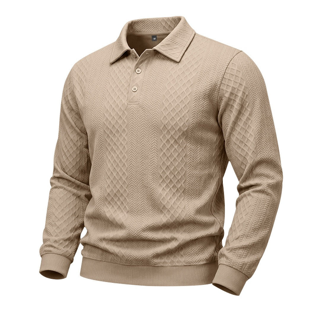 Diamond Jacquard Knit Polo, Long Sleeve – Men – Beige – three-quarter
