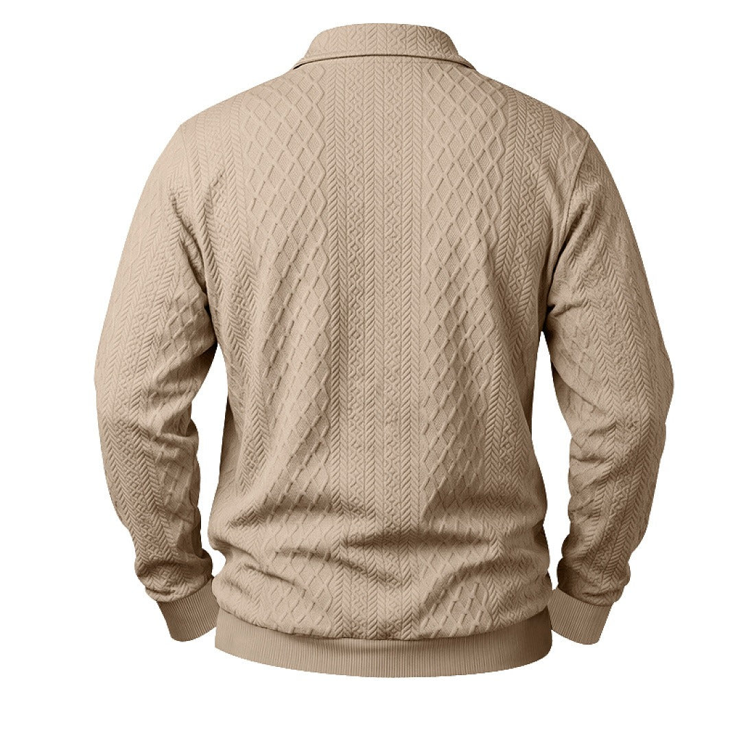 Diamond Jacquard Knit Polo, Long Sleeve – Men – Beige – back