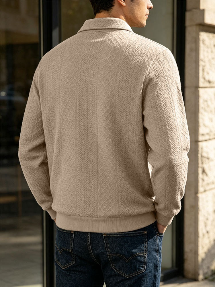 Diamond Jacquard Knit Polo, Long Sleeve – Men – Beige – worn, back