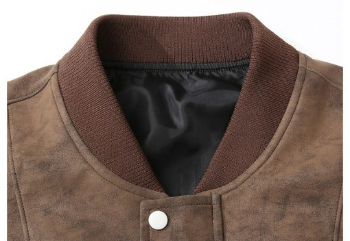 Suede-Look Baseball-Collar Jacket – Men – Brown – collar detail