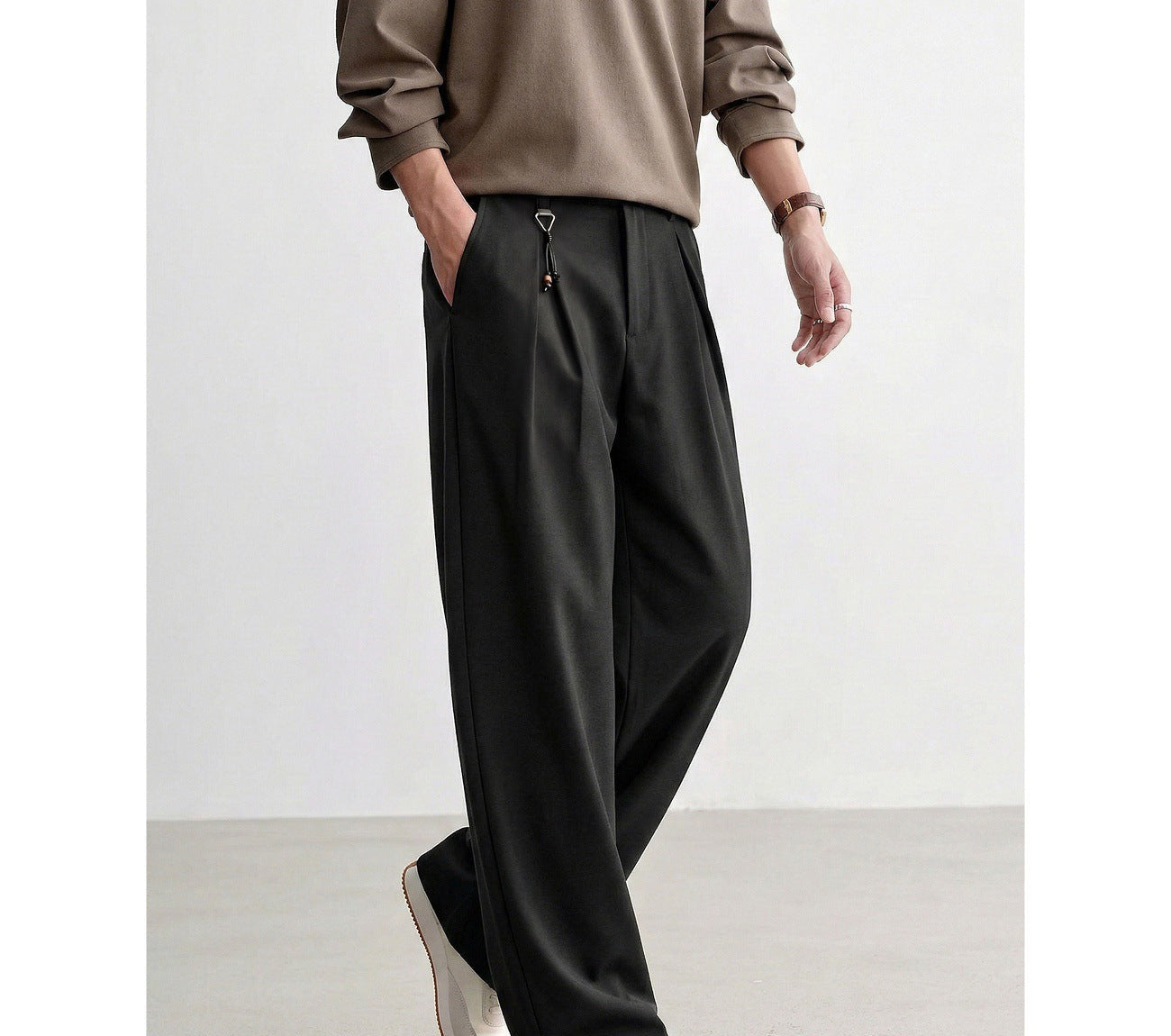 Pleated Straight-Leg Trousers, Soft Drape – Men – Black – worn, walking