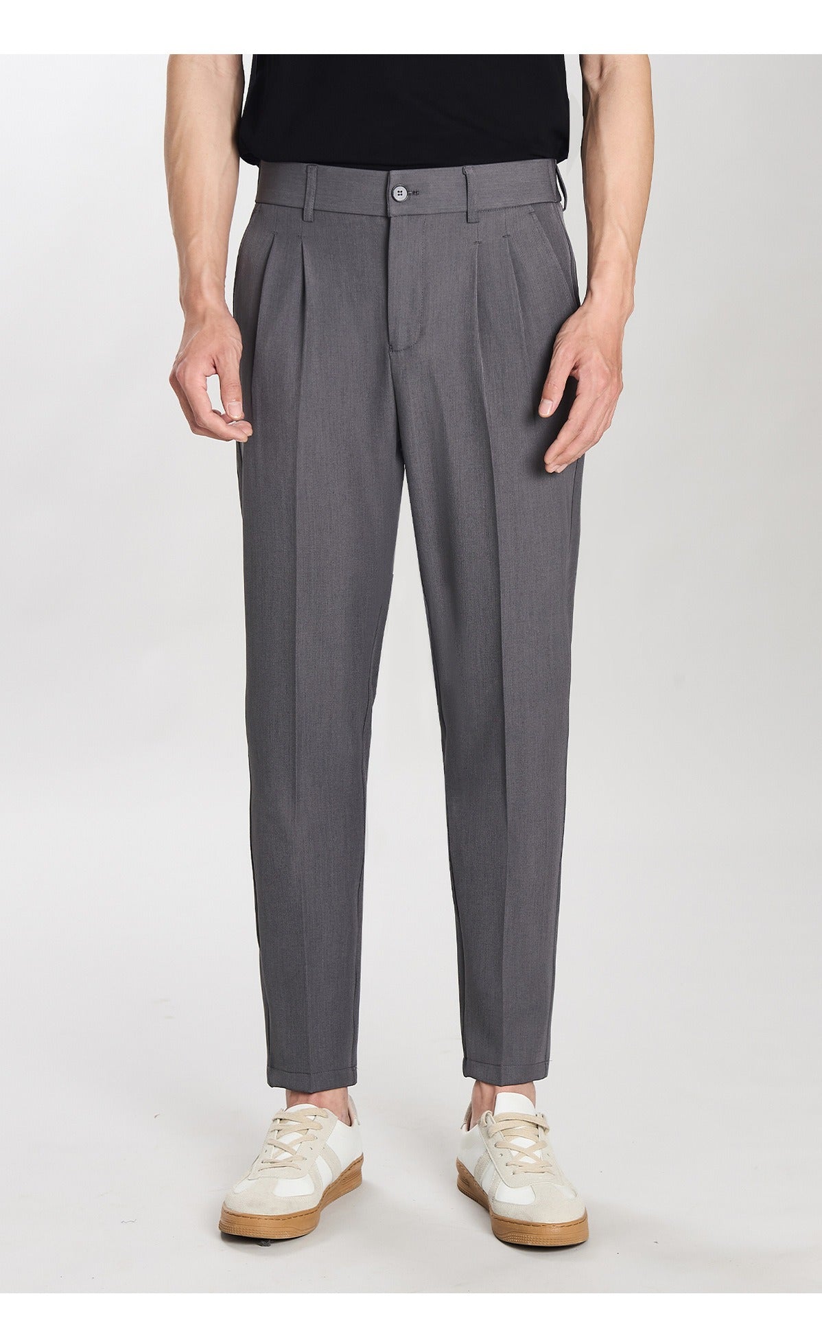 Pleated Tapered Trousers, Stretch, Ankle Length – Men – Grey – worn
