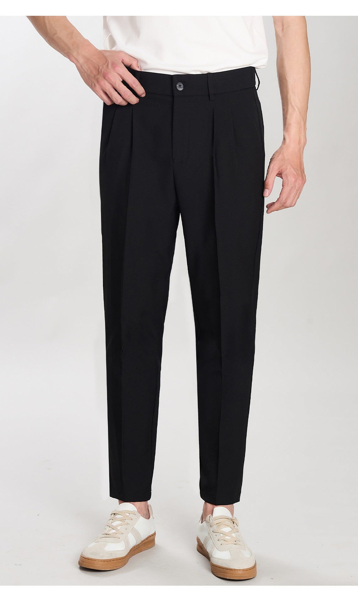 Pleated Tapered Trousers, Stretch, Ankle Length – Men – Black – worn