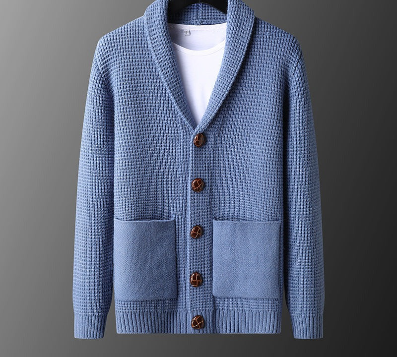 Waffle-Knit Shawl Collar Cardigan – Men – Light Blue – front