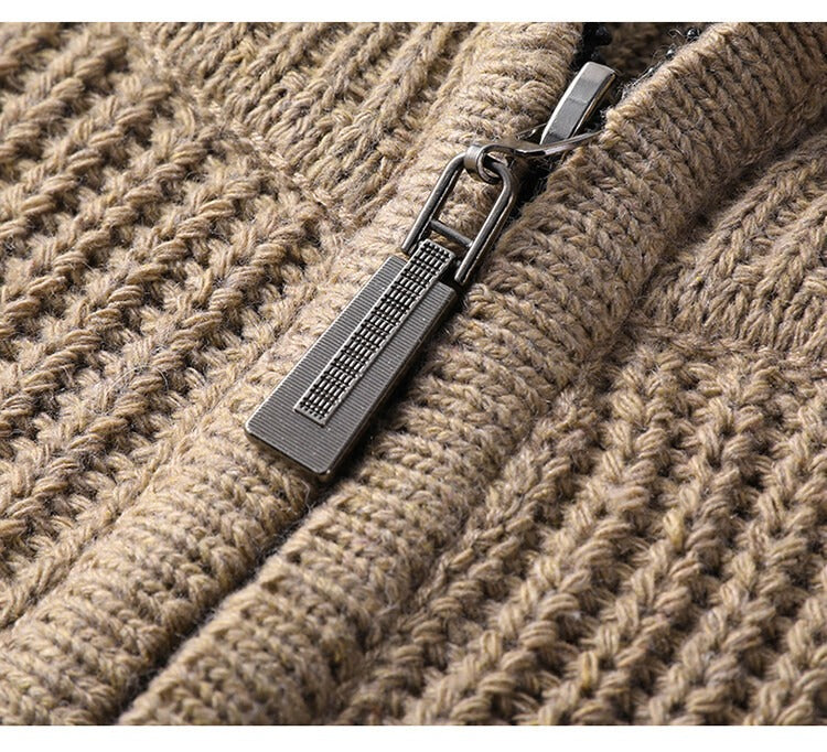 Chunky Rib Half-Zip Sweater, Fold-Down Collar – Men – Camel – zip detail