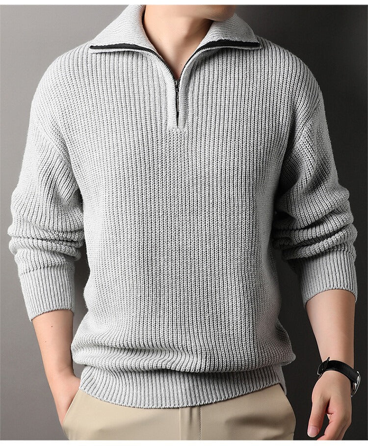Chunky Rib Half-Zip Sweater, Fold-Down Collar – Men – Grey – worn, front