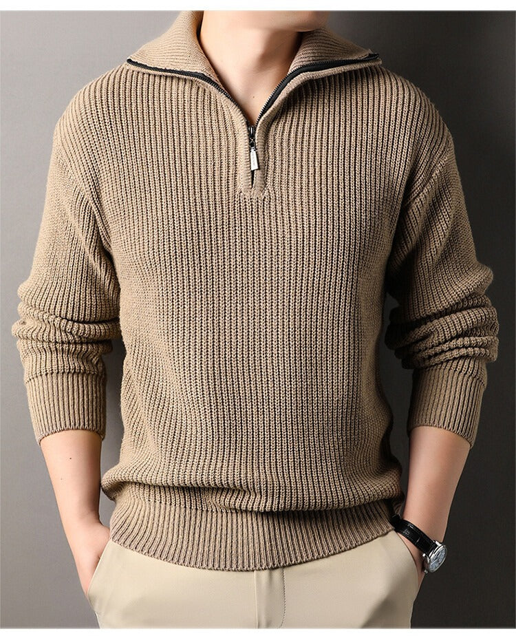 Chunky Rib Half-Zip Sweater, Fold-Down Collar – Men – Camel – worn, front