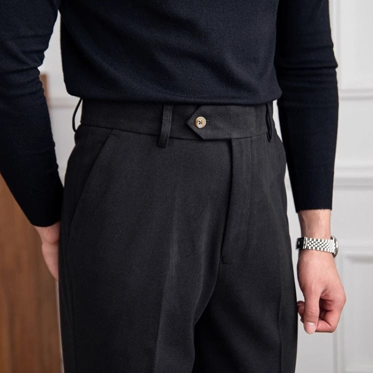 Pleated Flannel-Look Trousers, Tab Waist – Men – Black – waist