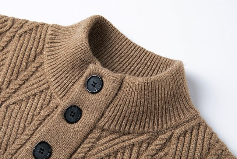 Diamond-Knit Button Stand-Collar Sweater – Men – Camel – collar detail