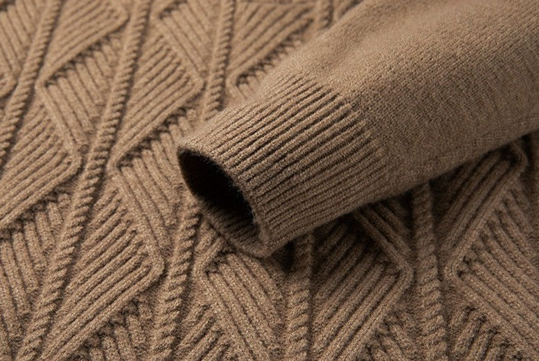 Diamond-Knit Button Stand-Collar Sweater – Men – Camel – cuff detail