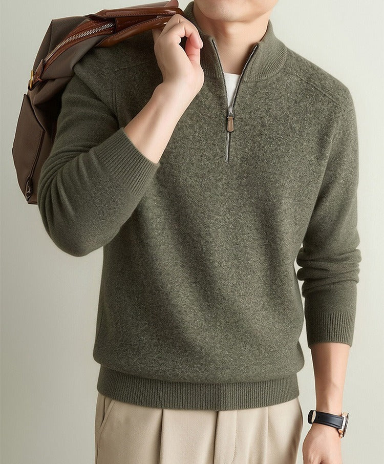 90% Wool Quarter-Zip Sweater, Cashmere and Silk – Men – Olive – worn, full